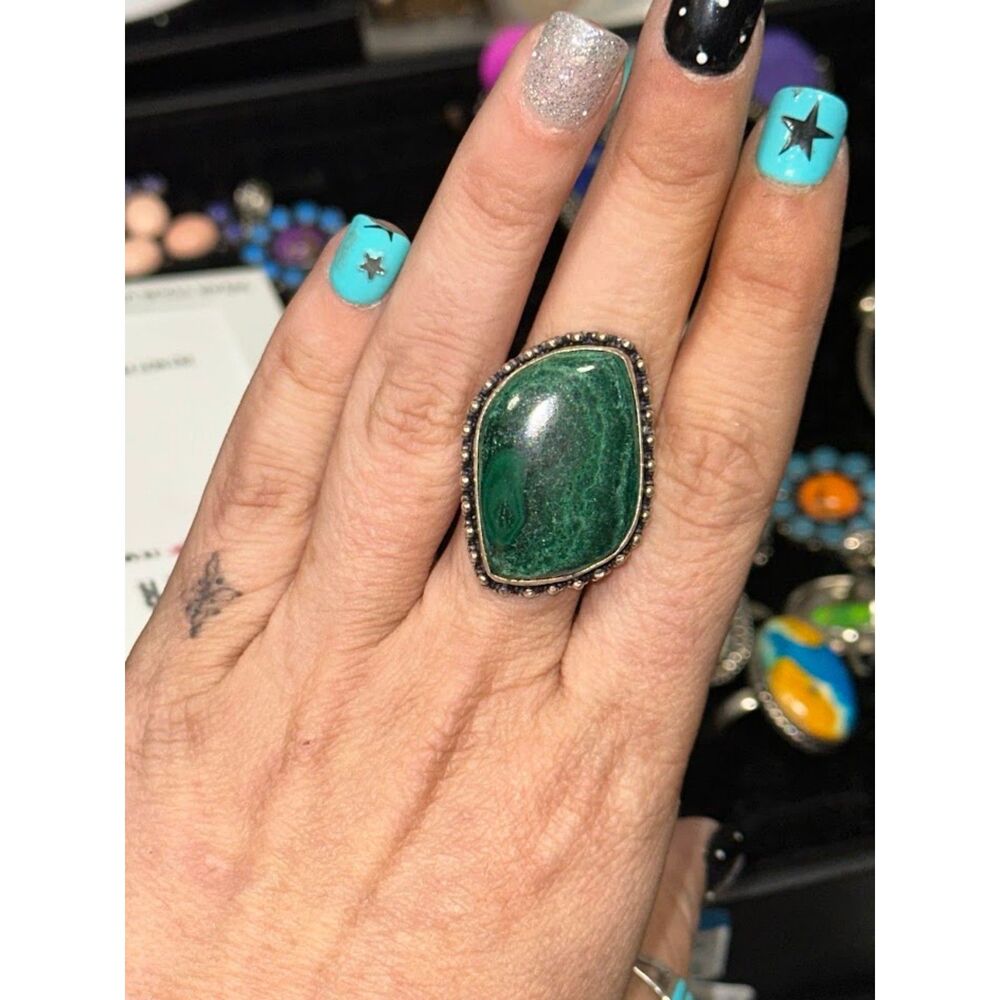 Green Malachite Sterling Silver Overlay Ring Size 10